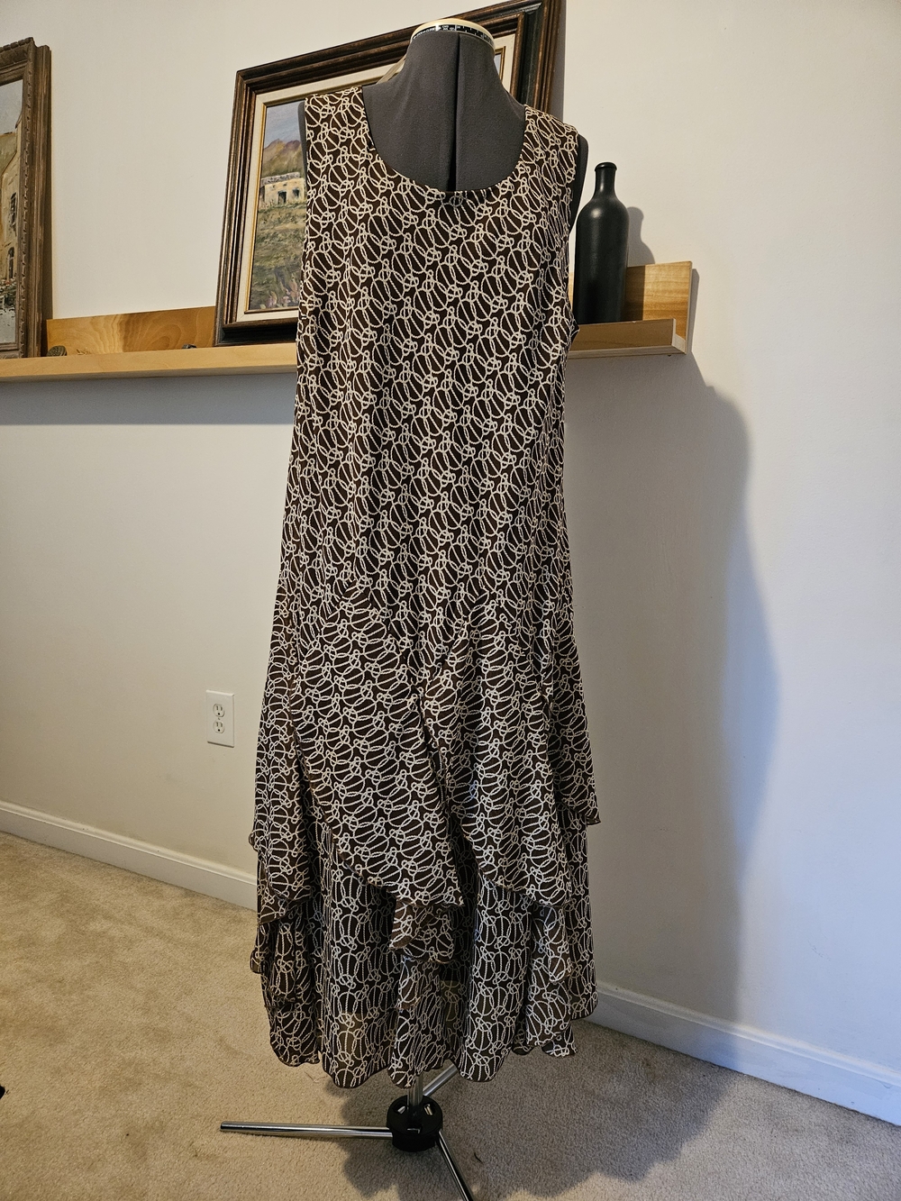 Sleeveless Brown & Cream Printed Ruffle Maxi Dress